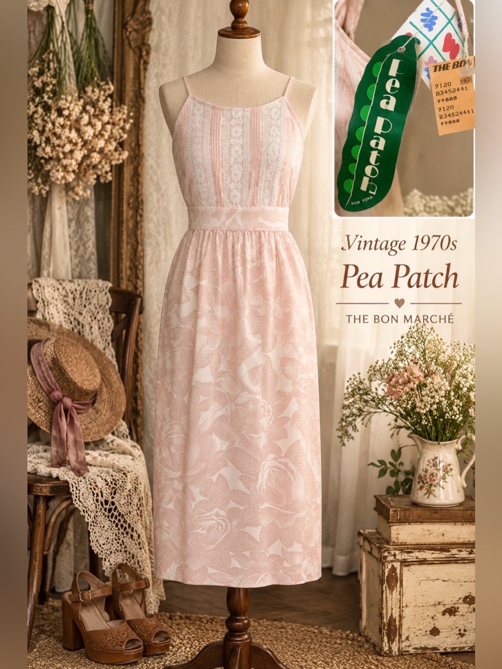 Vintage 70s/80s / The Pea Patch - Pink Floral Spaghetti Strap Dress - XS - NWT